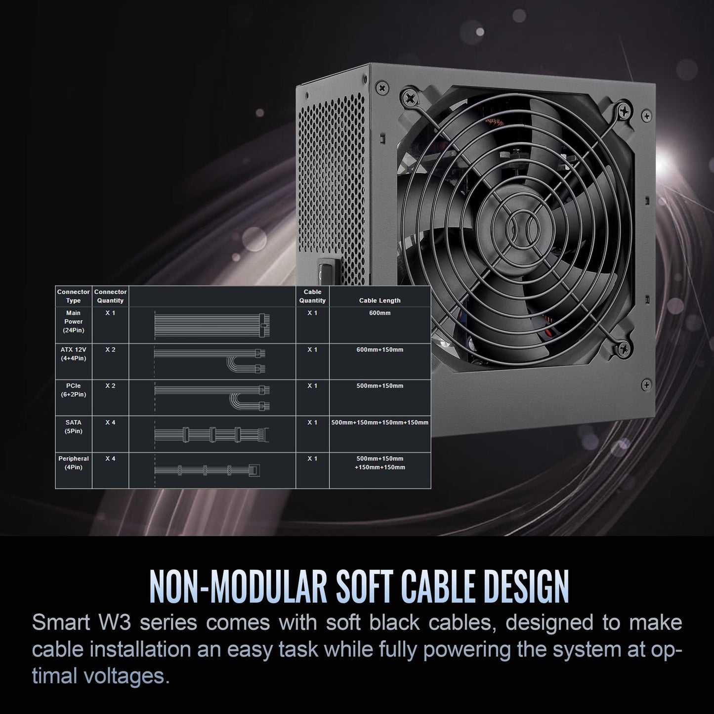 Smart W3 Series 80Plus Certified 700W Power Supply; ATX v3.1 Spec; 120mm FDB Fan