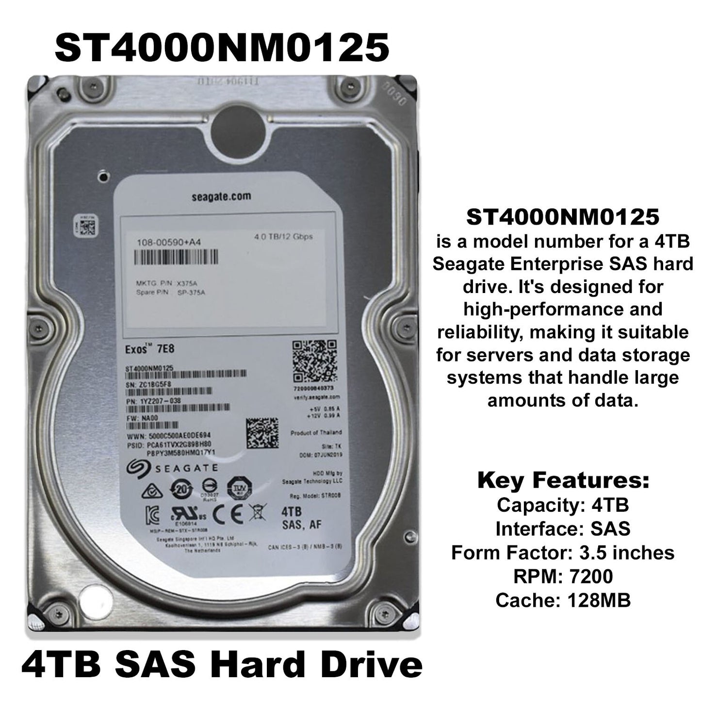 Seagate Exos 7E8 4TB 7.2K SAS 12Gb/s 512e Enterprise HDD ST4000NM0125 (NOT FOR HOME PC)
