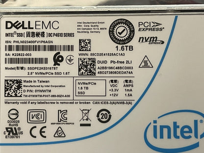 Dell Intel DC P4610 1.6TB 2.5 Mixed Use PCI-e 3.1 x4 NVMe SSD 12.25 PBW U2 15mm