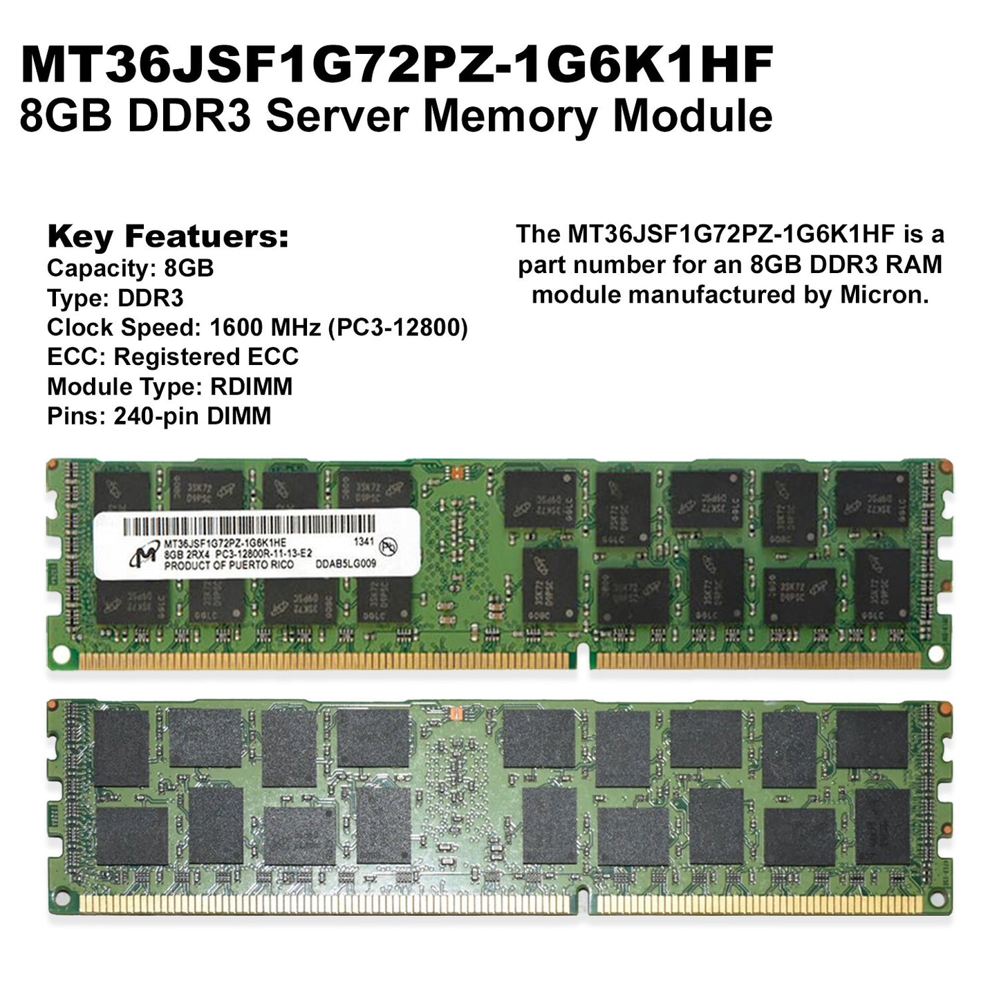 Lot Of 4 Micron MT36JSF1G72PZ-1G6K1 4x8GB PC3-12800R RDIMM 2Rx4 DDR3 Server RAM